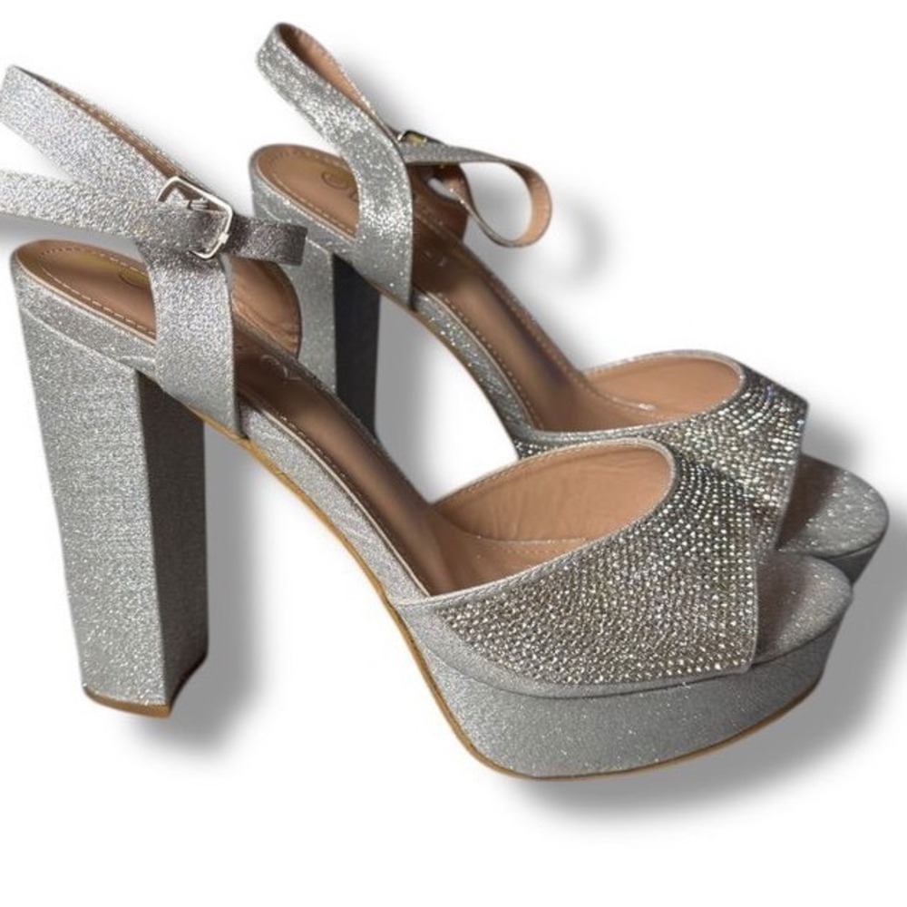 Delicacy Silver Rhinestone Platform Heels Sparkly Evening Party Sandal Sz 10 new